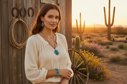 Turquoise pendant necklace, drop earrings, and stacked turquoise beaded bracelets