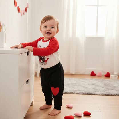 2pcs Baby Boy's 'Heart Crusher' Print Valentine's Day Set, Long Sleeve T Shirt Top & Black Heart Print Pants
