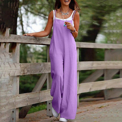 Plus Size Women's Solid Color Casual Jumpsuit - Sleeveless Romper With Pockets