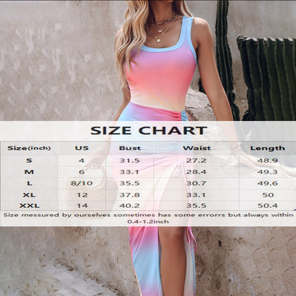 Women's Sleeveless Bodycon - Round Neck Waist Ruffled Side Slit Tight Long Dress