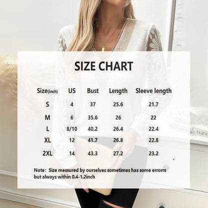 Elegant Women's Sunflower Embroidered Guipure Lace  V-Neck Tee - Breathable Long Sleeve Blouse