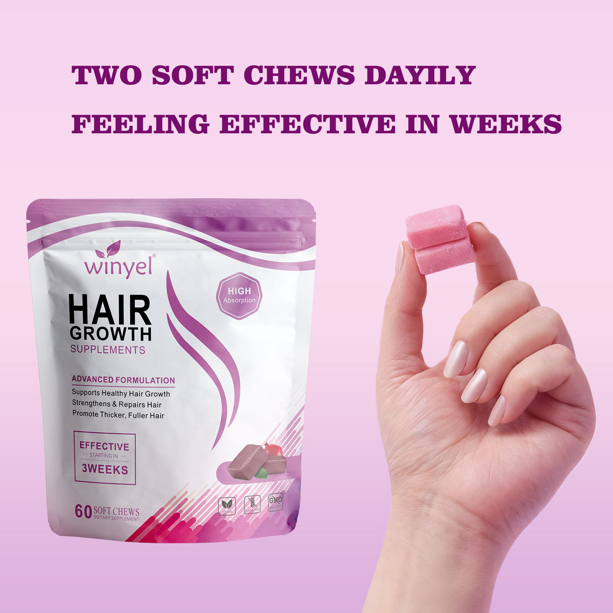 Hair growth supplement pouch with two pink soft chews held in a hand