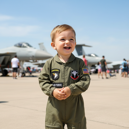 Toddler Boys Pilot Jumpsuit Army Green Long Sleeve Romper, Party Outfits