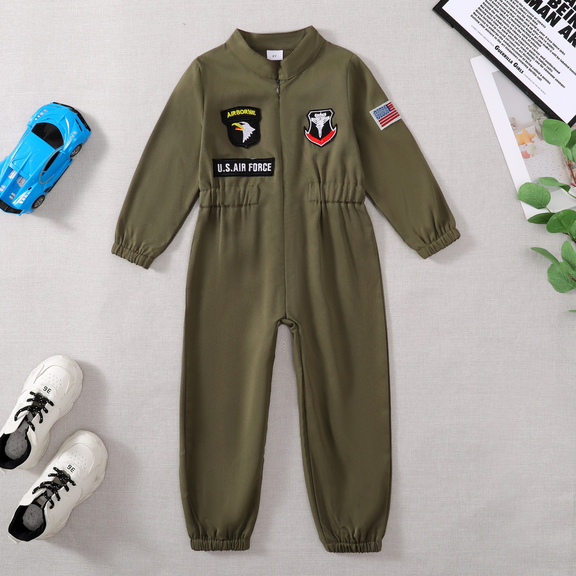 Toddler Boys Pilot Jumpsuit Army Green Long Sleeve Romper, Party Outfits