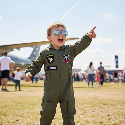 Toddler Boys Pilot Jumpsuit Army Green Long Sleeve Romper, Party Outfits