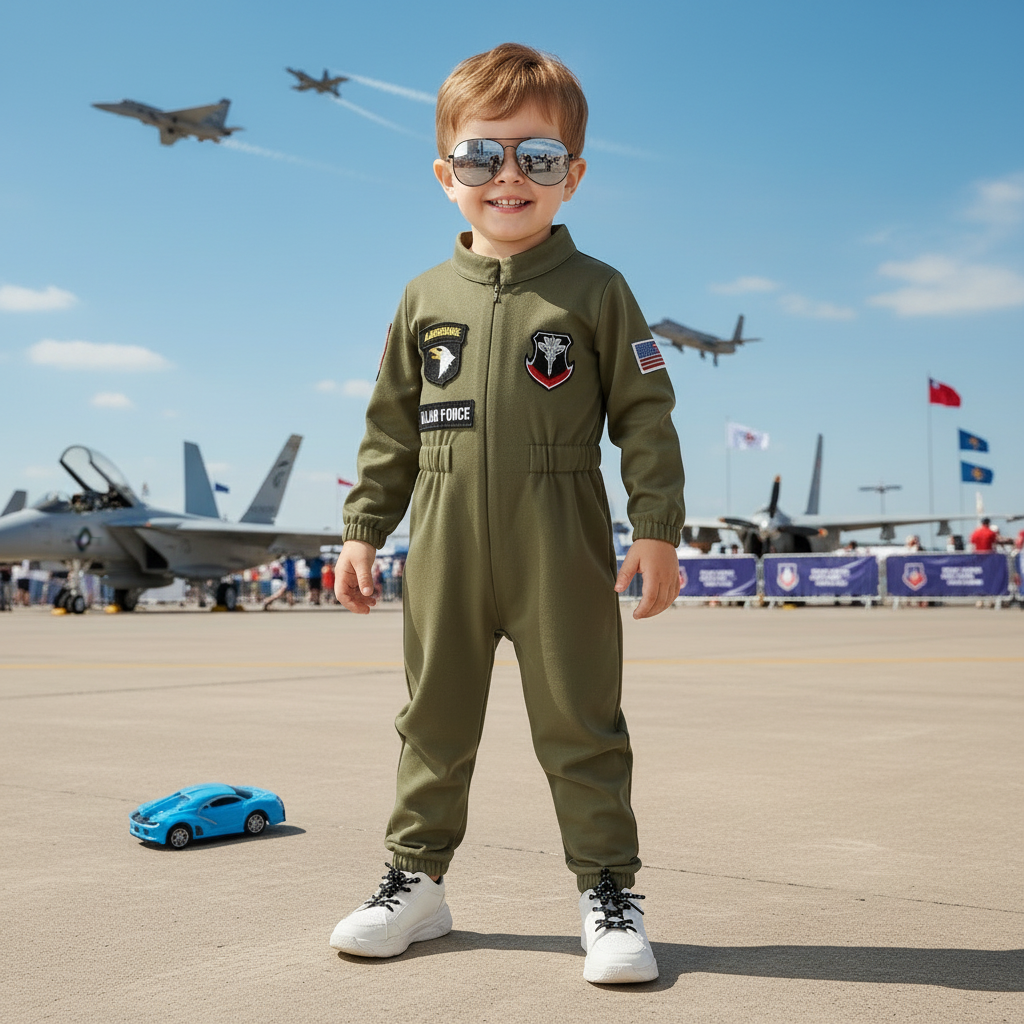 Toddler Boys Pilot Jumpsuit Army Green Long Sleeve Romper, Party Outfits
