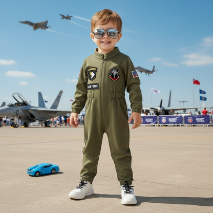 Toddler Boys Pilot Jumpsuit Army Green Long Sleeve Romper, Party Outfits