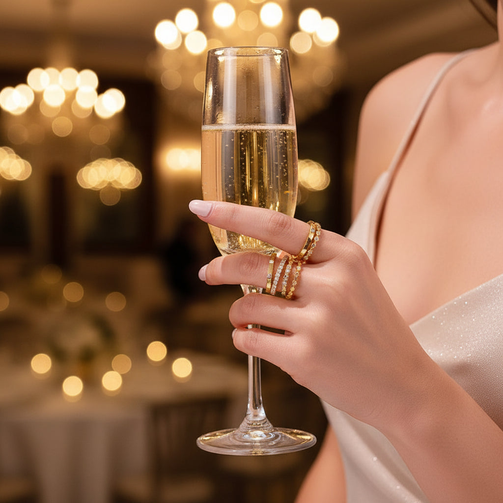 Gold-toned ring set with three stacked bands and round sparkling stones