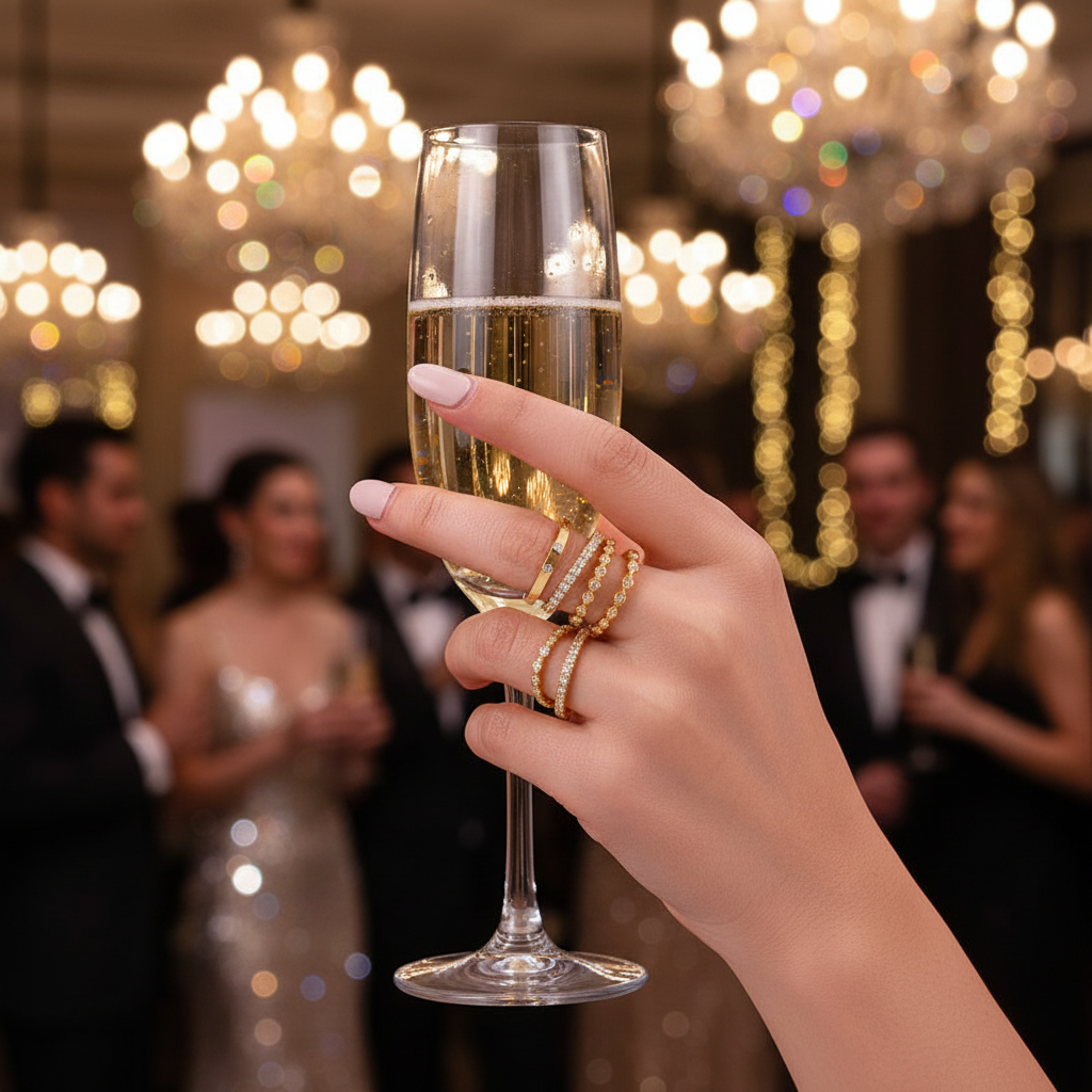 Gold ring set with sparkling stones on five bands, worn on fingers