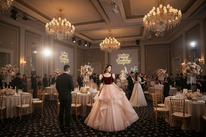 Princess dress with wine-red bodice and layered blush tulle skirt, full silhouette