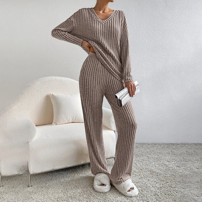 Women's 2-Piece Set Solid Color V-Neck Long Sleeve Top & Straight Leg Pants, Ribbed Texture Outfit