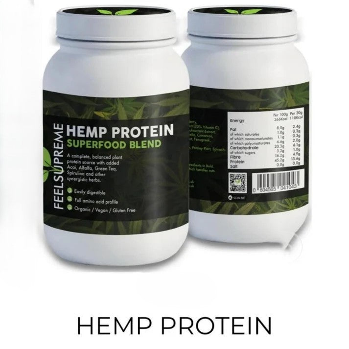 Hemp protein powder jars with dark green front label, two bottles side by side