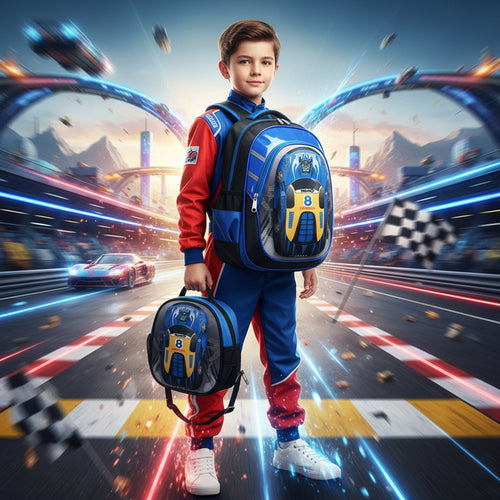 Blue school trolley backpack with front panel and small detachable bag