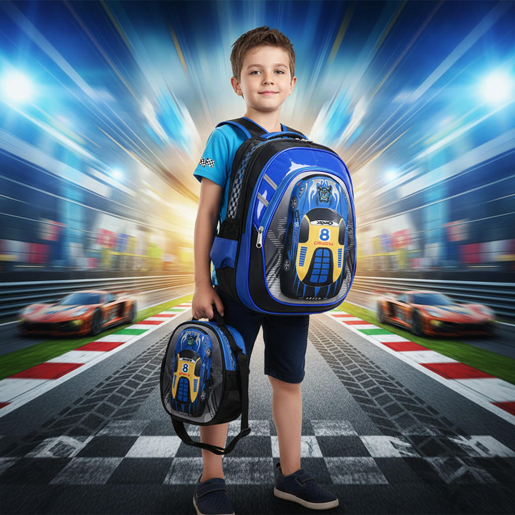 Blue detachable trolley schoolbag set with main backpack and small front pouch, number 8