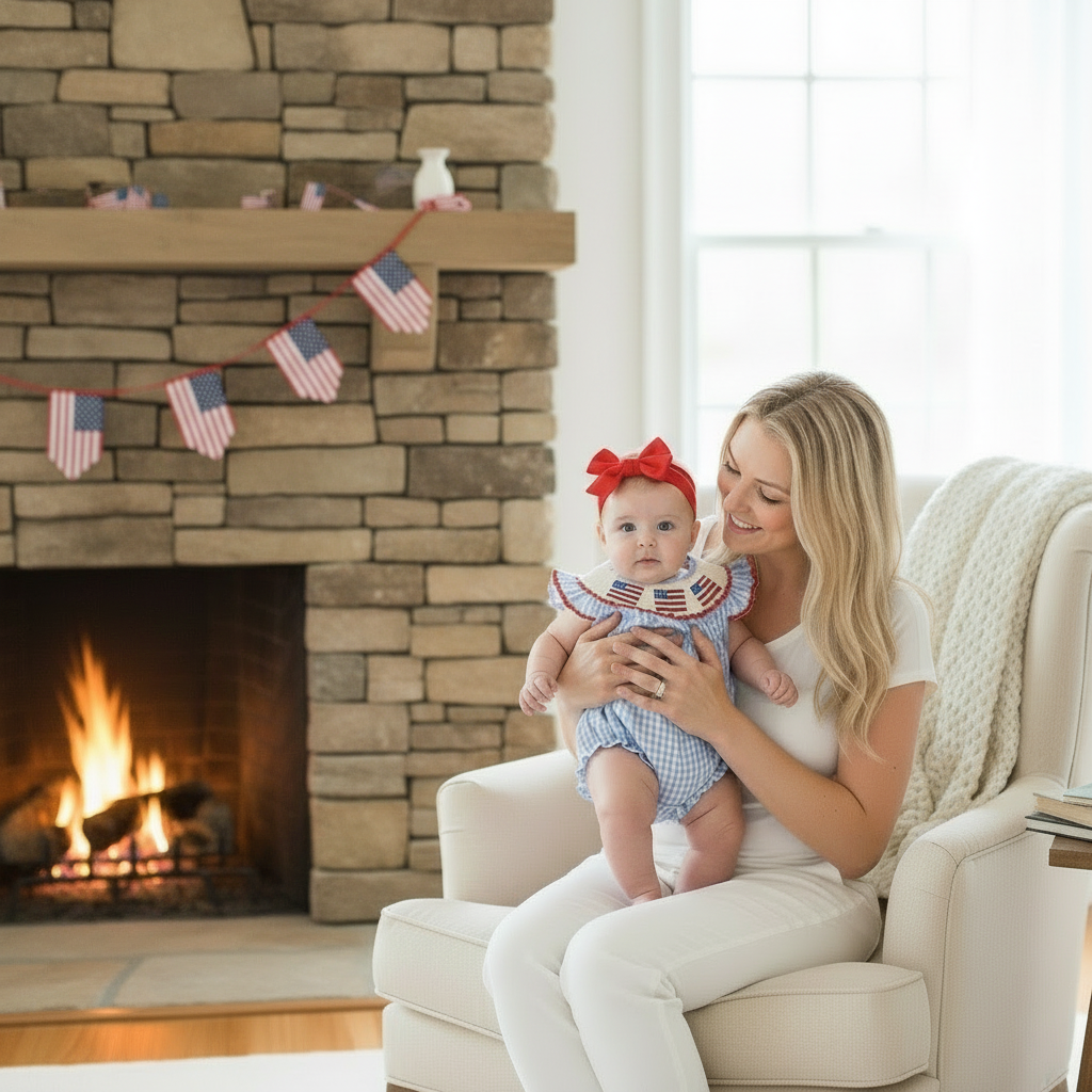 Baby Girls Independence Day Outfit 4th Of July American Flag Embroidery Smocked Bubble Romper With Headband