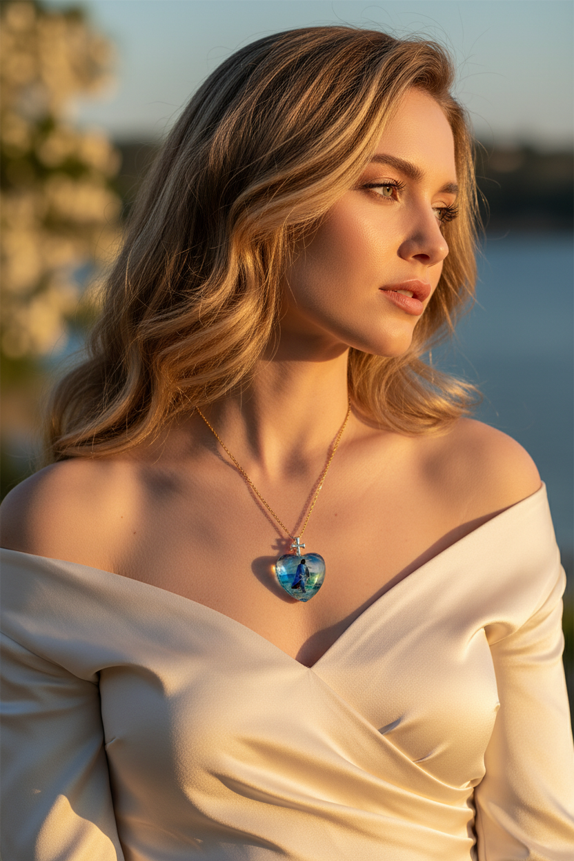 Heart crystal pendant necklace with blue heart charm and cross on gold chain