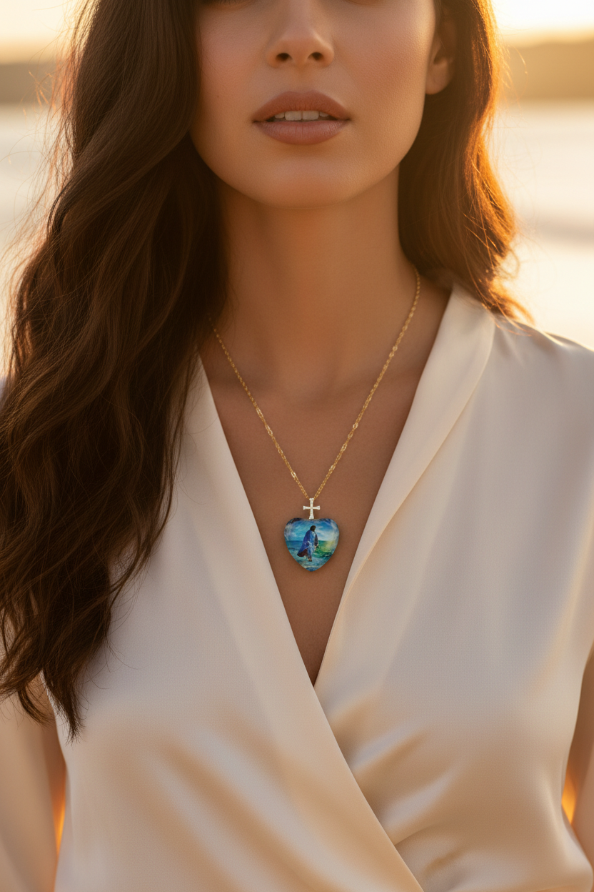 Heart crystal pendant necklace with blue heart, small cross, and gold chain detail