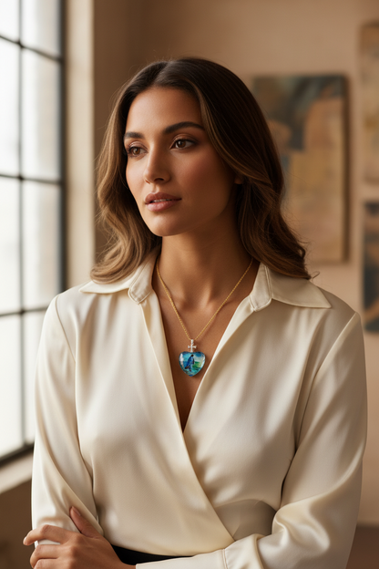 Heart crystal pendant necklace with blue heart pendant and cross on gold chain