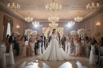 White mermaid bridal gown with long sleeves, lace top, and voluminous flared skirt.