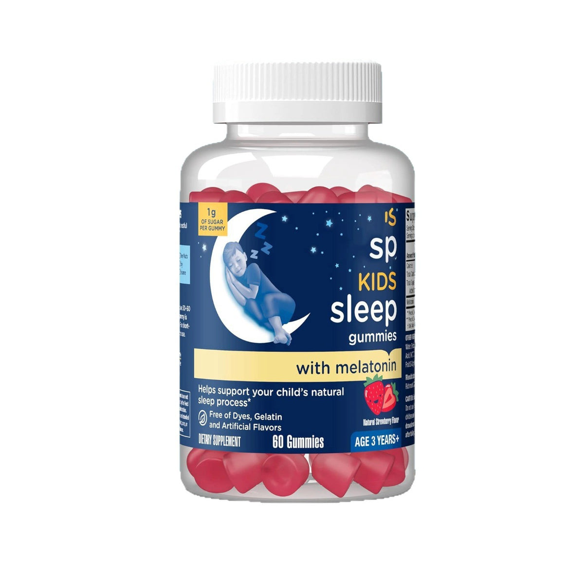 Front view of kids sleep melatonin gummy bottle, strawberry flavor, white cap