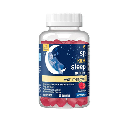 Front view of kids sleep melatonin gummy bottle, strawberry flavor, white cap