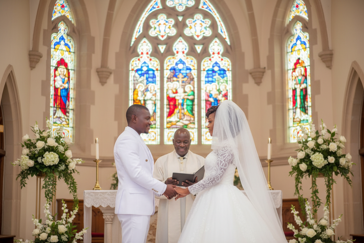 White bridal dress with long sleeves, ornate lace bodice, and veil-style head covering.