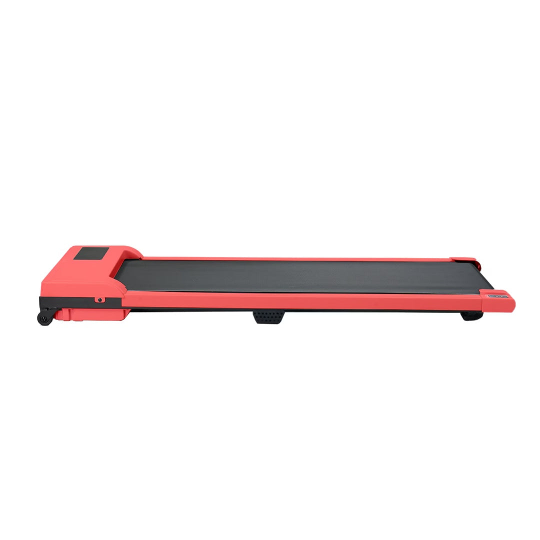 Red portable treadmill side view with black belt and low-profile base