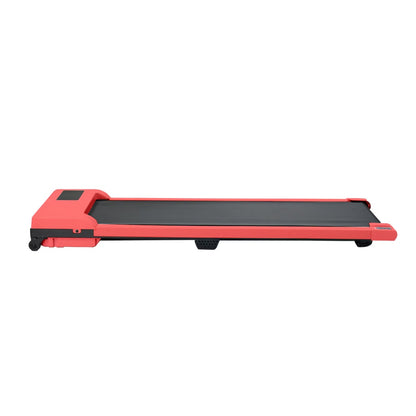 Red portable treadmill side view with black belt and low-profile base