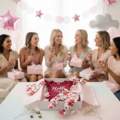 Newborn Baby Girl 'Hello I'm New Here' Romper Set Includes Floral Pants, Hat, Headband, & Coming Home Outfit