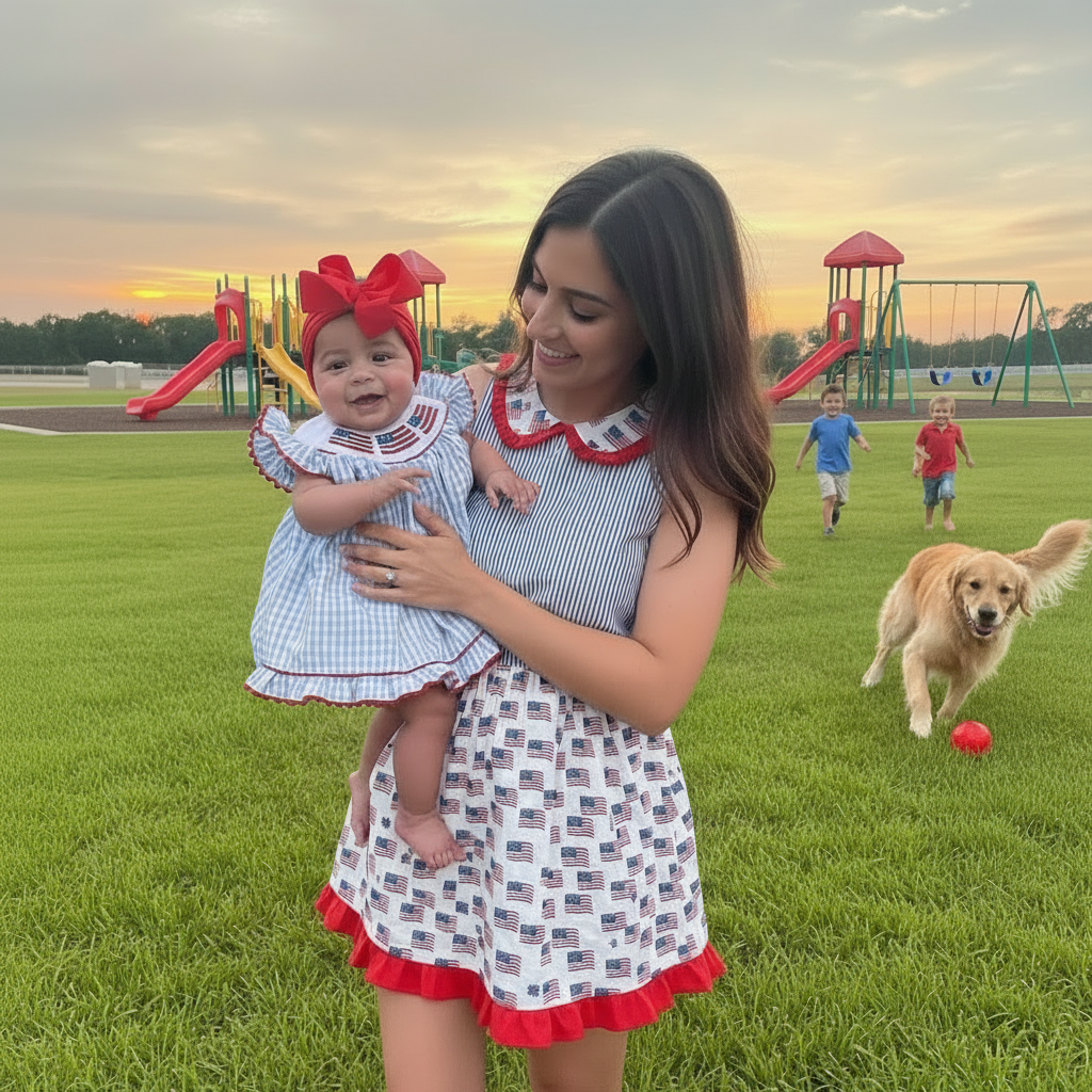 Baby Girls Independence Day Outfit 4th Of July American Flag Embroidery Smocked Bubble Romper With Headband