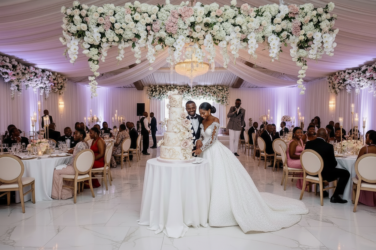 White lace wedding gown with embroidered bodice and full skirt