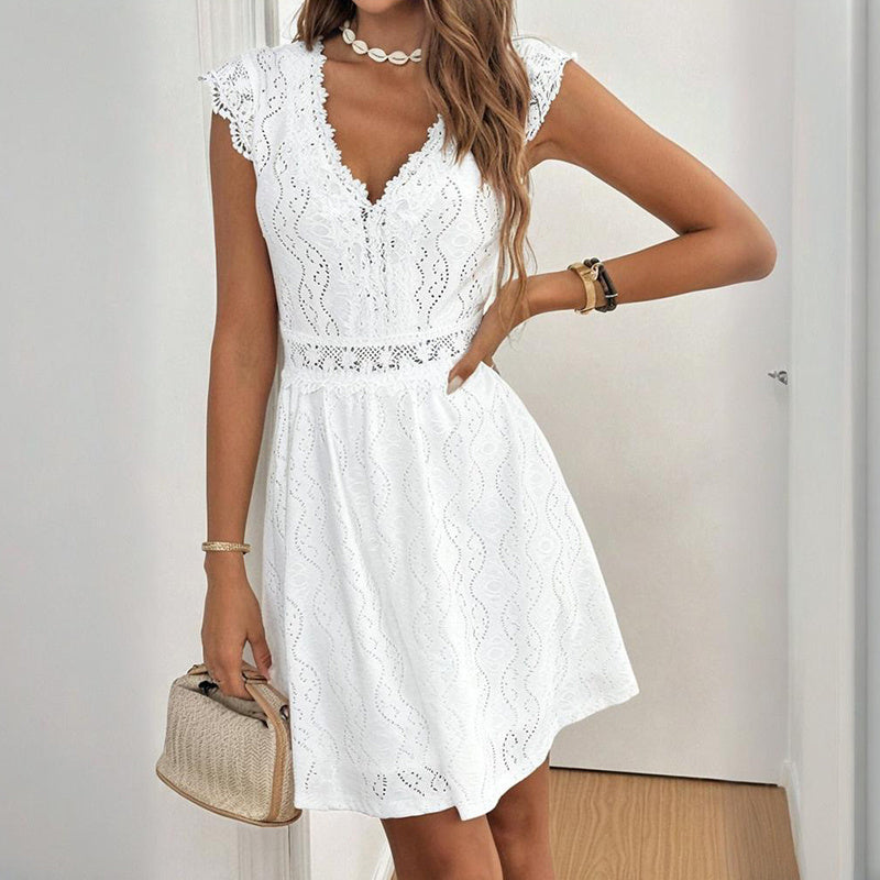 Women's V-Neck Solid Color Short Sleeve With Lace Trim - Summer Sexy Vacation Dress