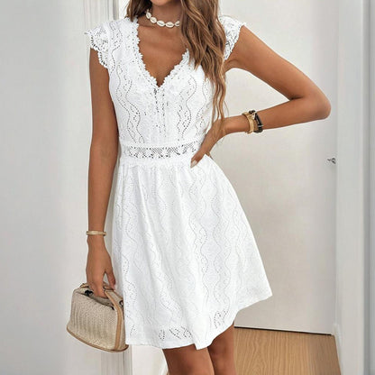 Women's V-Neck Solid Color Short Sleeve With Lace Trim - Summer Sexy Vacation Dress