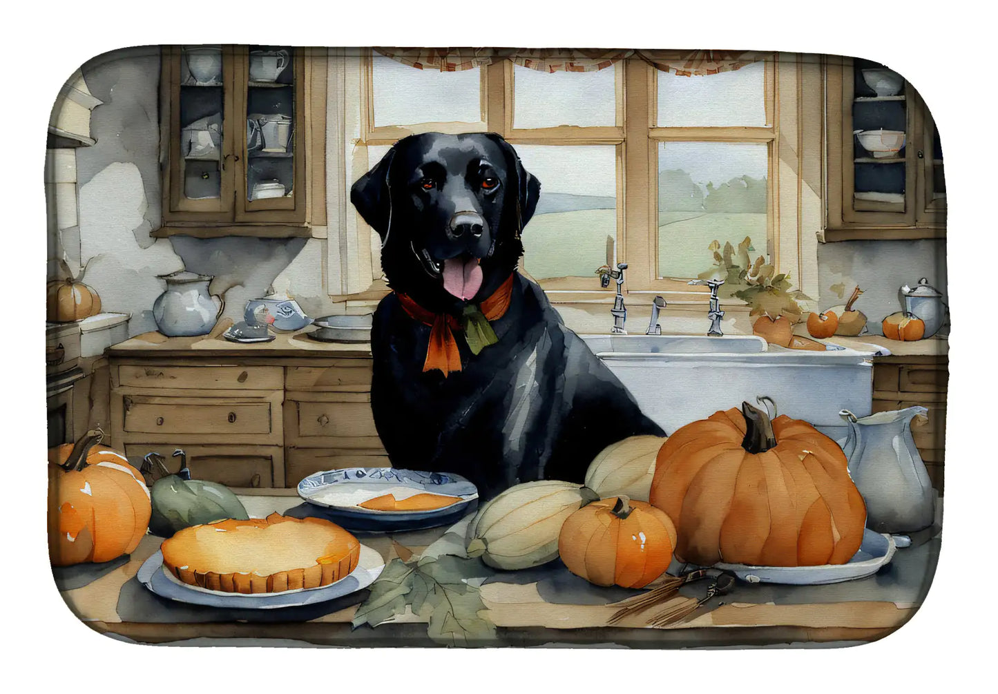 Black Lab Fall Kitchen Pumpkins Dish Drying Mat