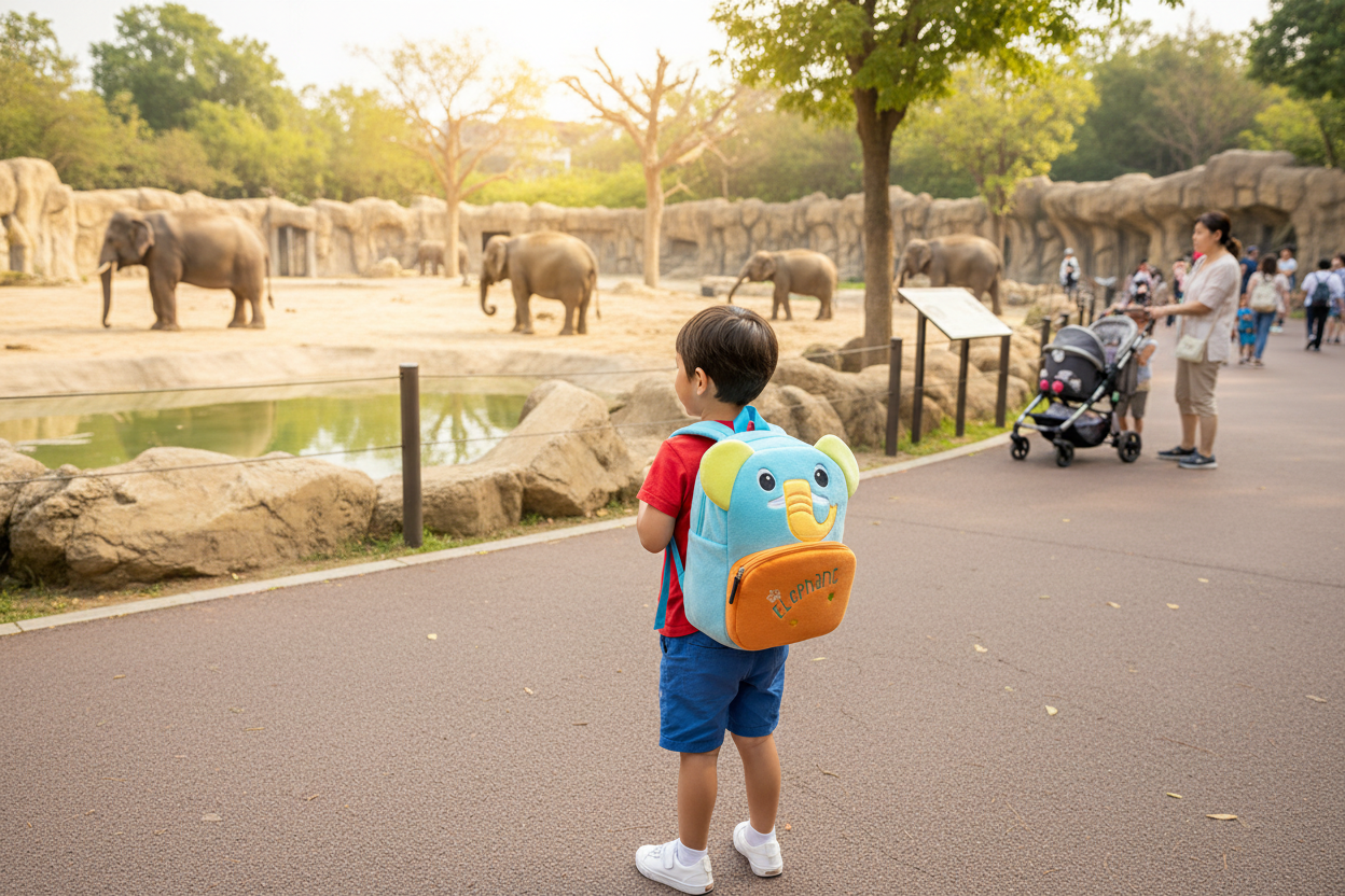 Blue animal kids backpack with duck face, orange front pocket and adjustable straps.