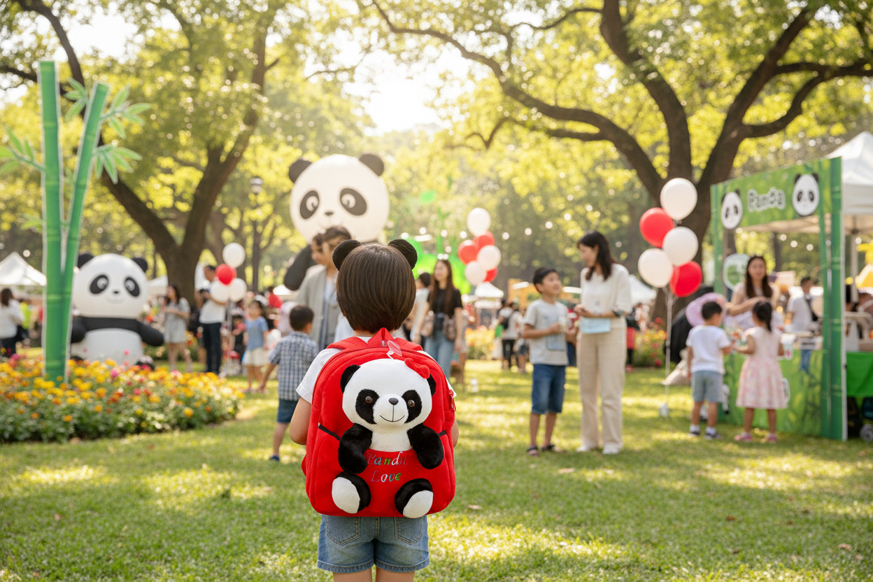 Red cartoon panda backpack with plush panda face and front pocket