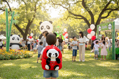 Red cartoon panda backpack with plush panda face and front pocket