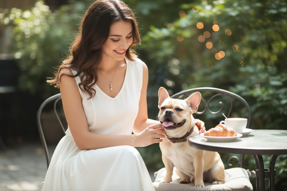925 sterling silver dog pendant necklace on chain, worn with a sleeveless white dress