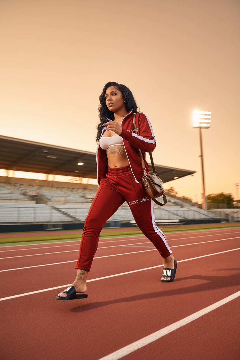 Rose red zip-up track jacket and joggers with white stripes, letter detail and side taping