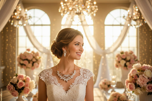 Wedding jewelry set: gold-tone necklace with matching dangling earrings, clear teardrop stones