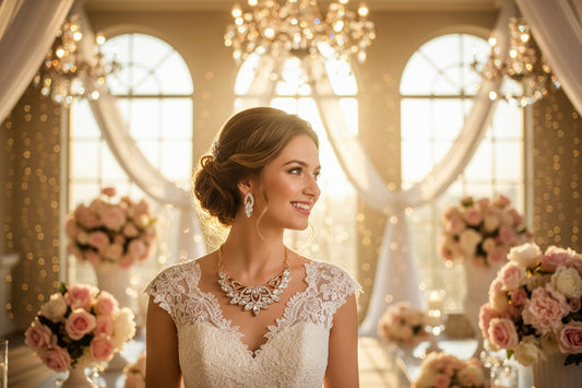 Wedding jewelry set: gold-tone necklace with matching dangling earrings, clear teardrop stones