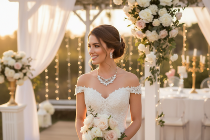 Wedding jewelry set: gold-tone collar necklace with matching earrings, floral teardrop design