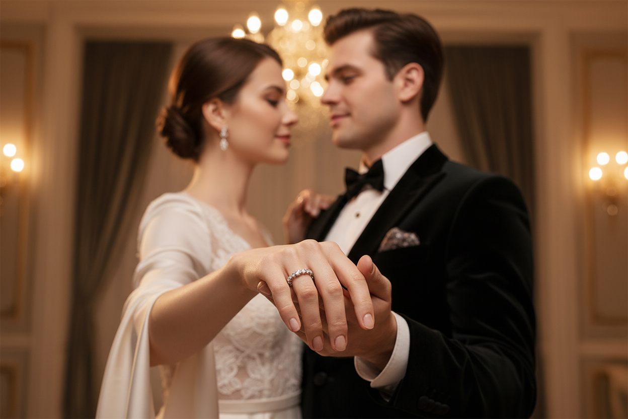 Silver eternity ring with sparkling stone row on hands holding at event