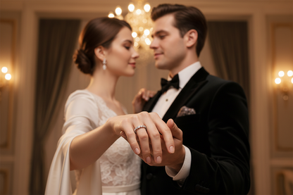 Silver eternity ring with sparkling stone row on hands holding at event