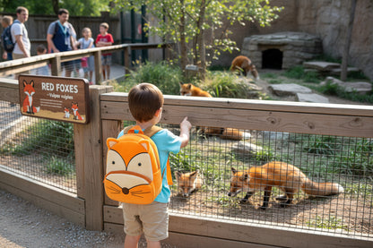 Fox plush backpack with orange hood and cream face