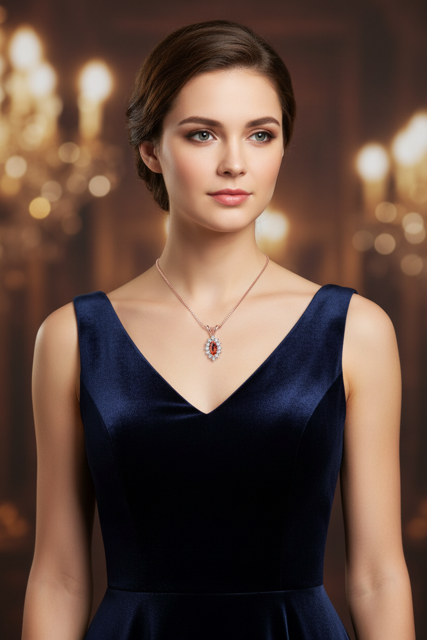 Rose gold necklace with oval citrine-style center and white zircon halo pendant