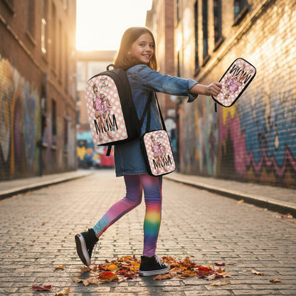 Three-piece printed student backpack set, pink polka pattern with girl character panels