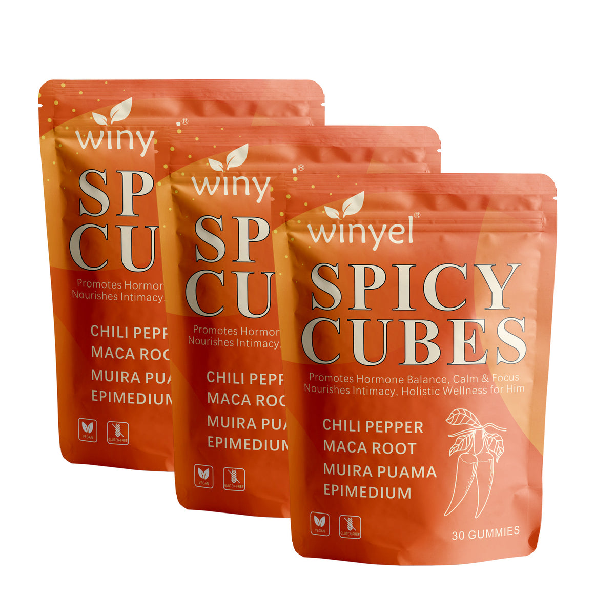 Three Spicy Cubes supplement pouches stacked, showing orange packaging and “30 gummies”