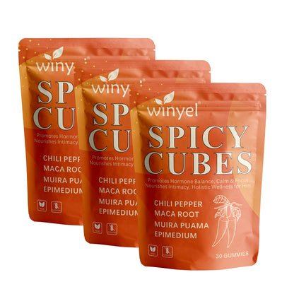 Three Spicy Cubes supplement pouches stacked, showing orange packaging and “30 gummies”