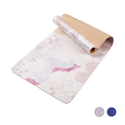 Pink floral print yoga mat, rolled, with non-slip textured surface
